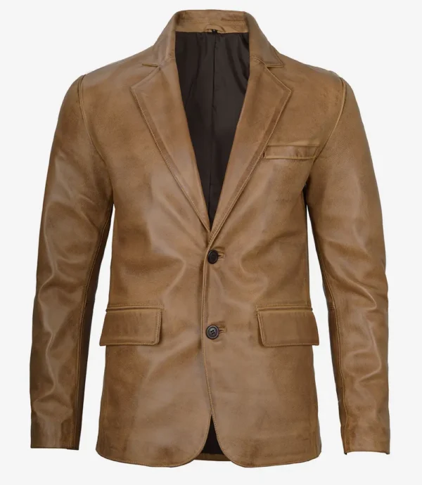 Mens Two Button Camel Brown Leather Blazer - Image 3