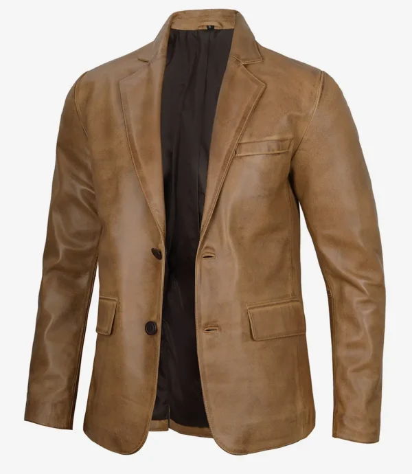 Mens Two Button Camel Brown Leather Blazer - Image 4