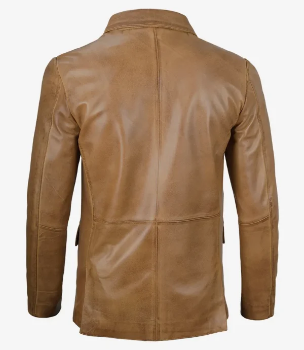 Mens Two Button Camel Brown Leather Blazer - Image 2